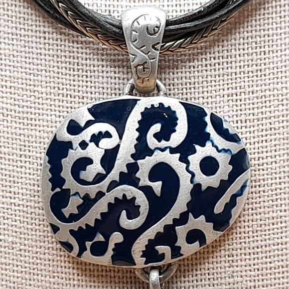 Chico's Blue Enamel Pendant Necklace, Leather Cords, 20 Inch - Picture 5 of 10